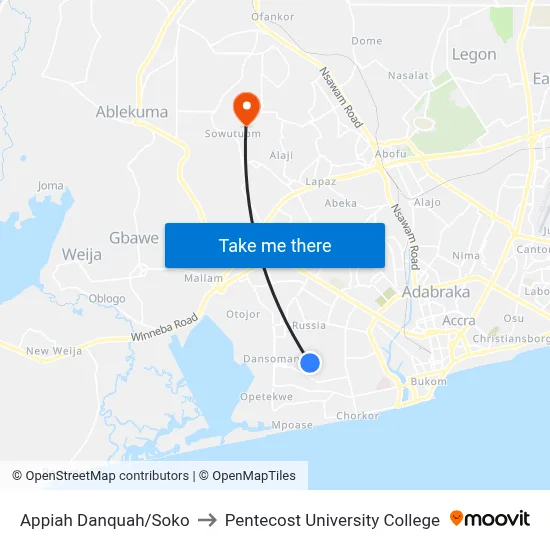 Appiah Danquah/Soko to Pentecost University College map