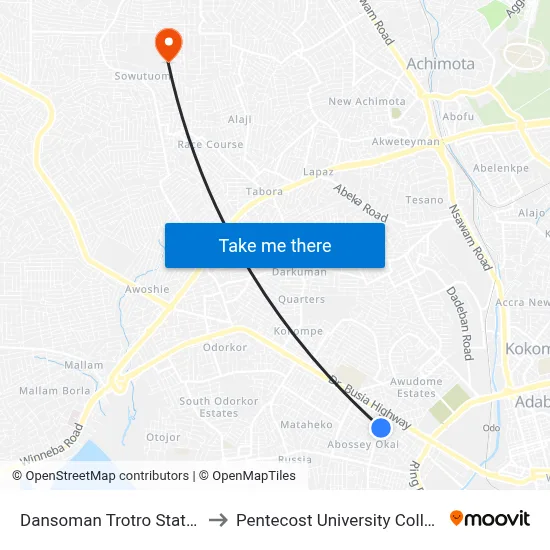 Dansoman Trotro Station to Pentecost University College map