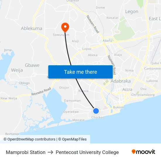Mamprobi Station to Pentecost University College map