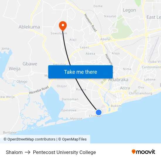 Shalom to Pentecost University College map