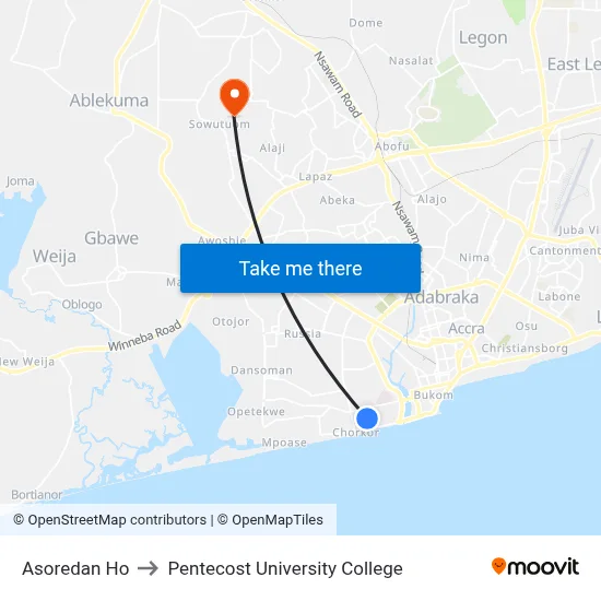 Asoredan Ho to Pentecost University College map