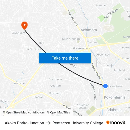 Akoko Darko Junction to Pentecost University College map