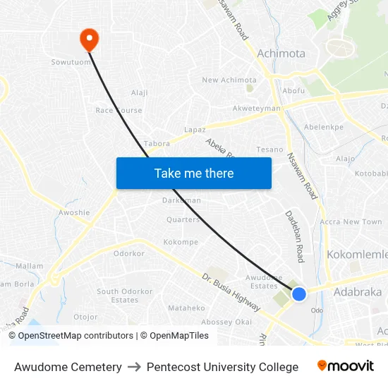 Awudome Cemetery to Pentecost University College map