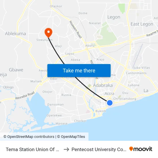 Tema Station Union Of Gprtu to Pentecost University College map