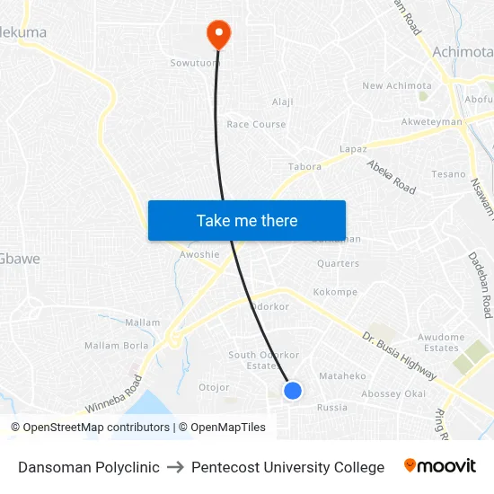 Dansoman Polyclinic to Pentecost University College map