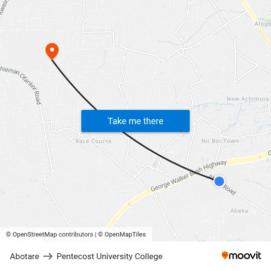 Abotare to Pentecost University College map