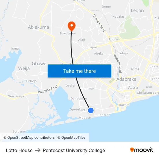 Lotto House to Pentecost University College map