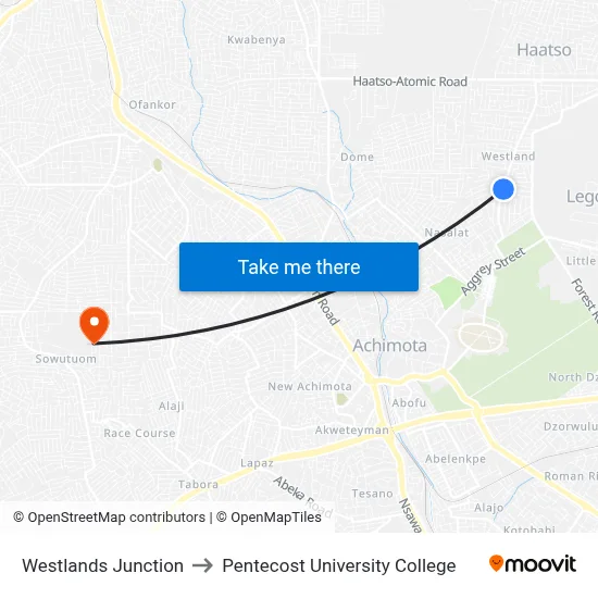 Westlands Junction to Pentecost University College map