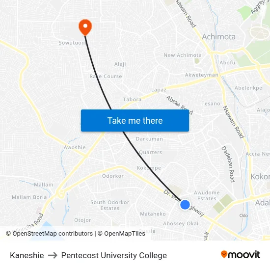 Kaneshie to Pentecost University College map