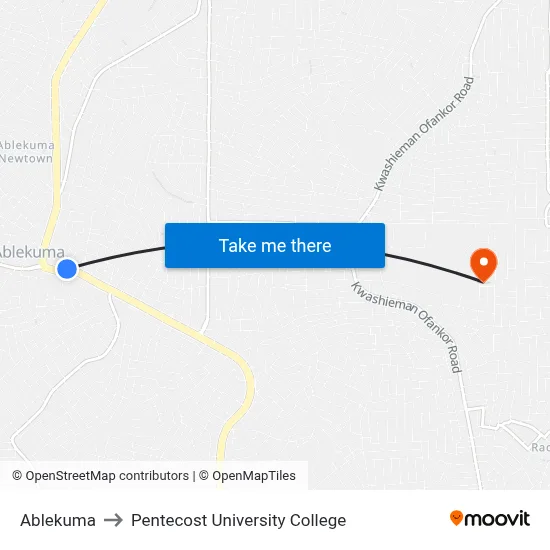 Ablekuma to Pentecost University College map
