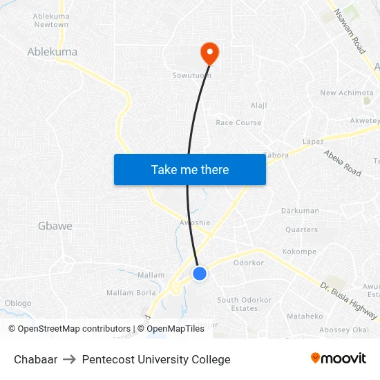 Chabaar to Pentecost University College map