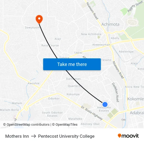 Mothers Inn to Pentecost University College map