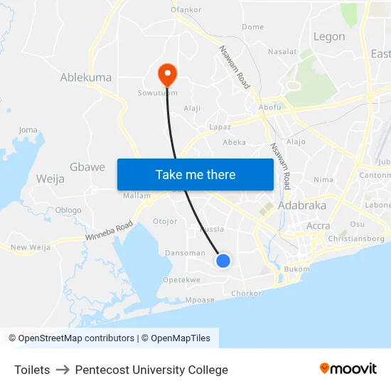 Toilets to Pentecost University College map