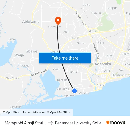 Mamprobi Alhaji Station to Pentecost University College map