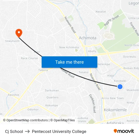 Cj School to Pentecost University College map