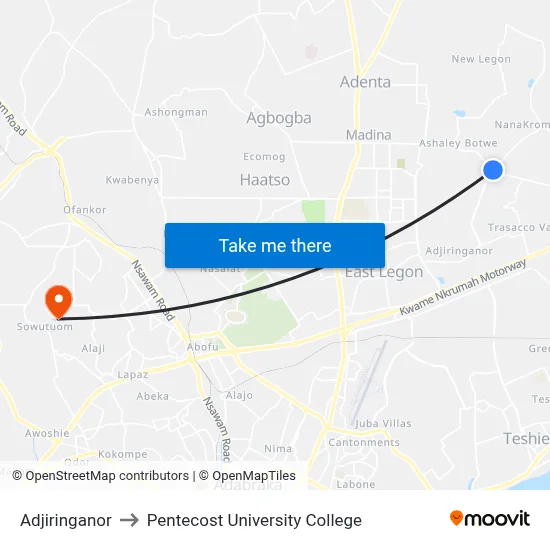Adjiringanor to Pentecost University College map