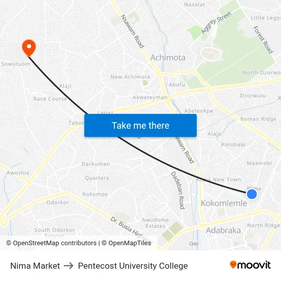Nima Market to Pentecost University College map