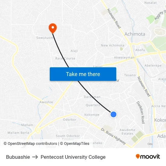 Bubuashie to Pentecost University College map