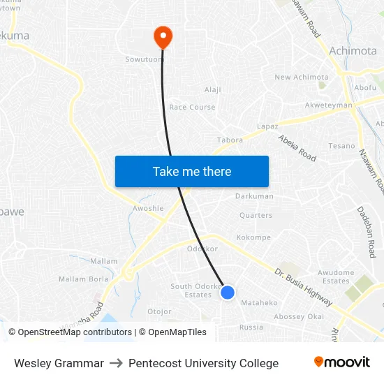 Wesley Grammar to Pentecost University College map
