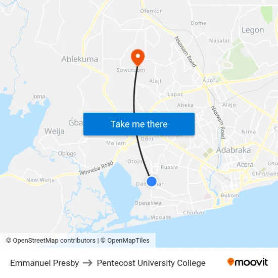 Emmanuel Presby to Pentecost University College map