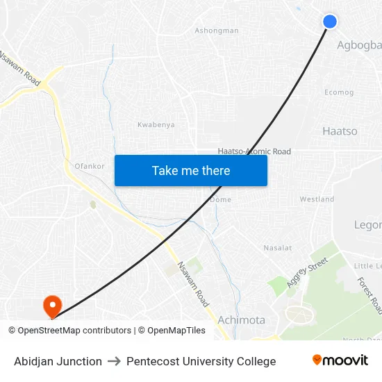 Abidjan Junction to Pentecost University College map