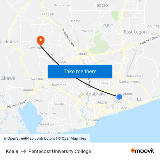 Koala to Pentecost University College map
