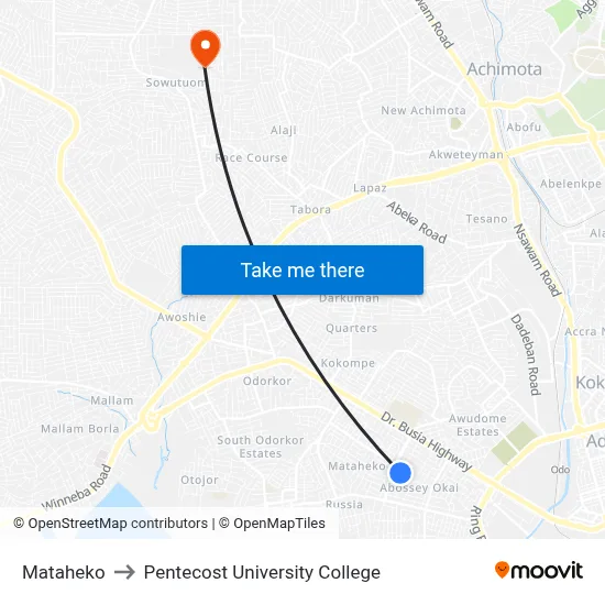 Mataheko to Pentecost University College map
