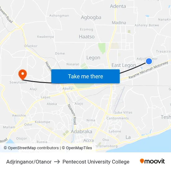 Adjringanor/Otanor to Pentecost University College map