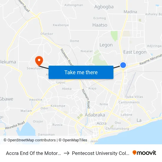 Accra End Of the Motorway to Pentecost University College map