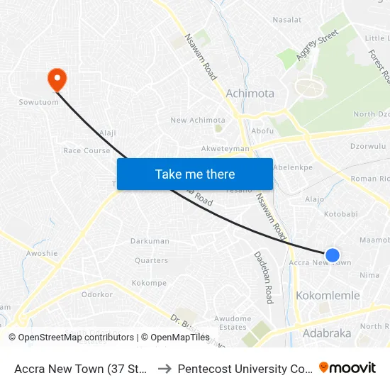 Accra New Town (37 Station) to Pentecost University College map