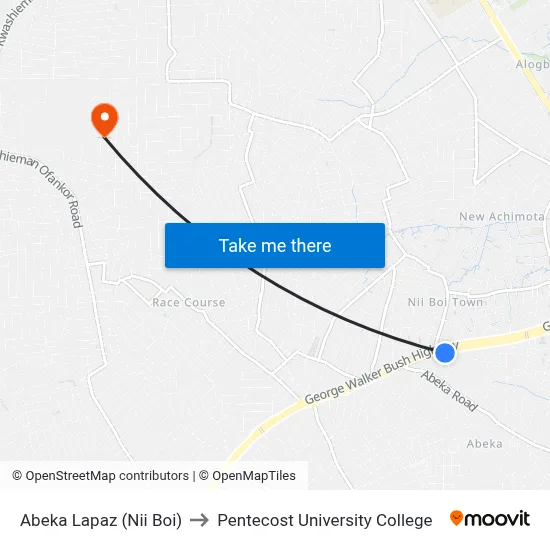Abeka Lapaz (Nii Boi) to Pentecost University College map