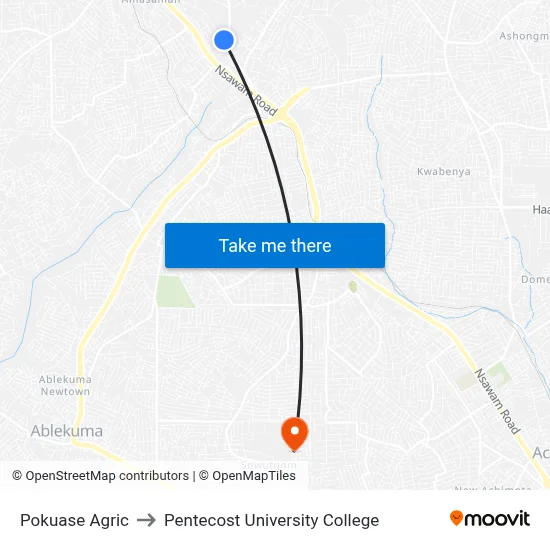 Pokuase Agric to Pentecost University College map