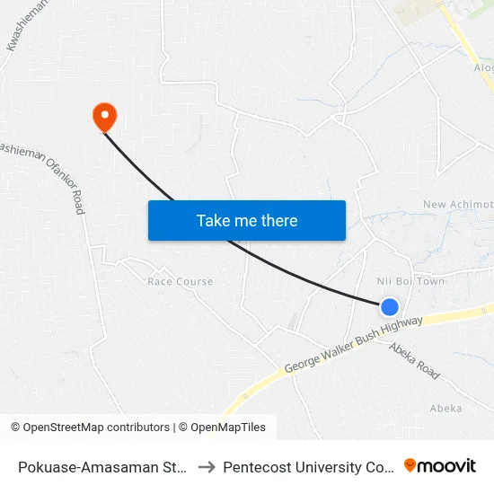 Pokuase-Amasaman Station to Pentecost University College map