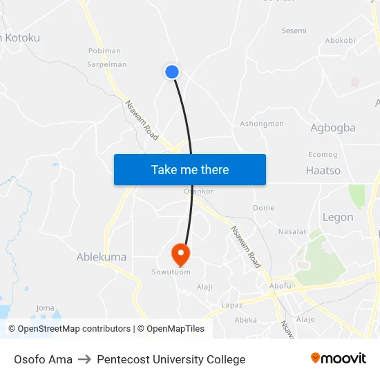 Osofo Ama to Pentecost University College map