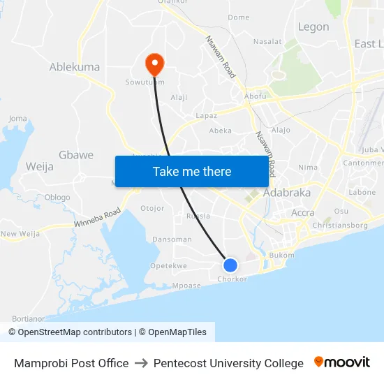 Mamprobi Post Office to Pentecost University College map
