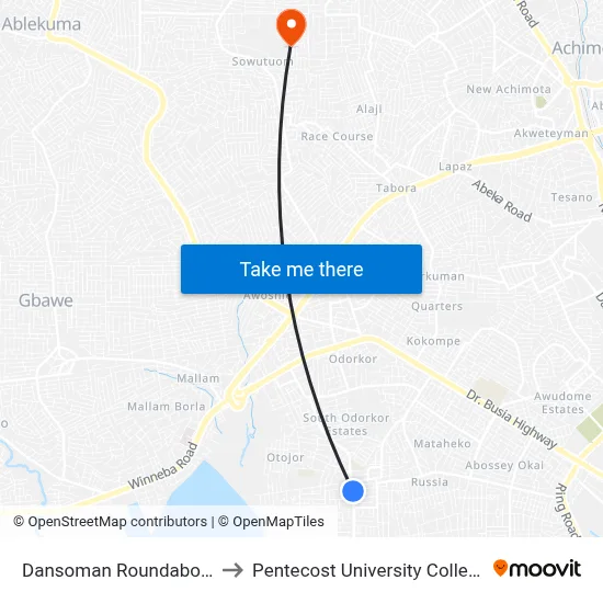 Dansoman Roundabout to Pentecost University College map