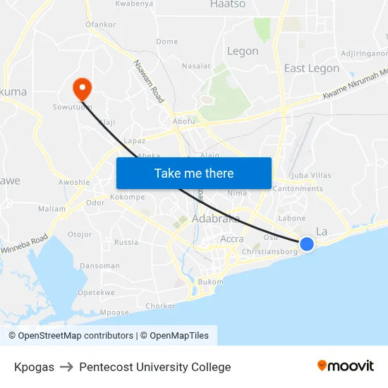 Kpogas to Pentecost University College map