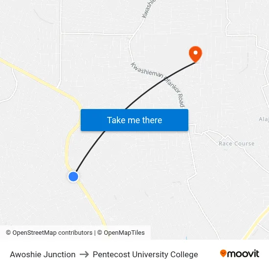 Awoshie Junction to Pentecost University College map