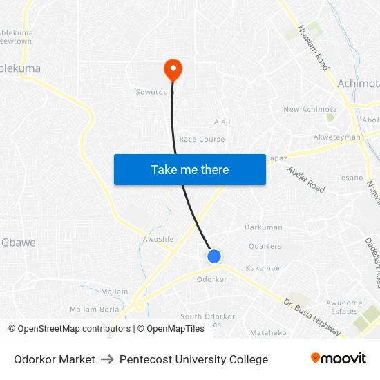 Odorkor Market to Pentecost University College map