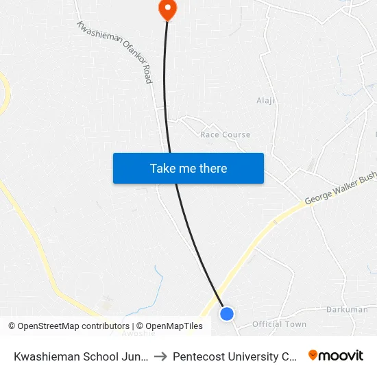Kwashieman School Junction to Pentecost University College map