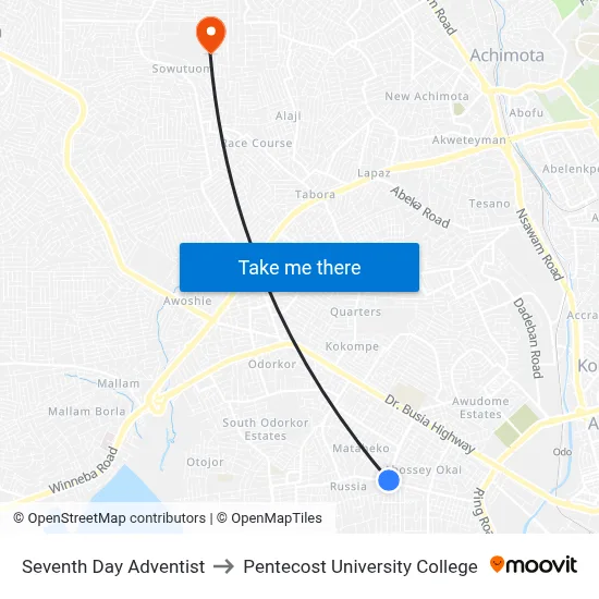 Seventh Day Adventist to Pentecost University College map