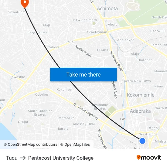 Tudu to Pentecost University College map