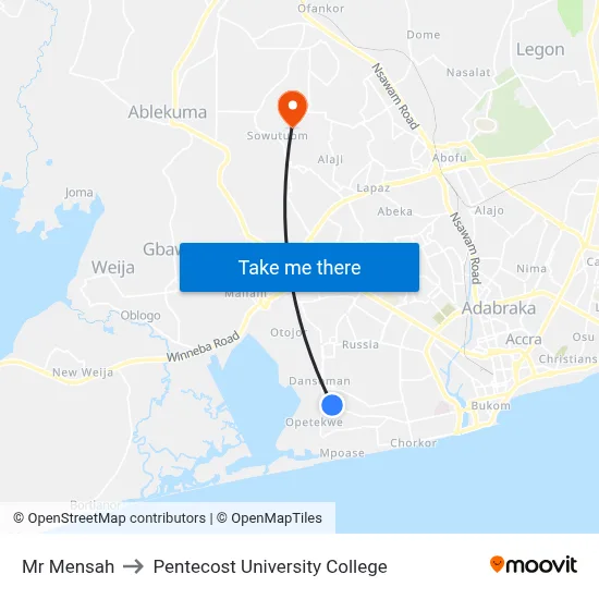 Mr Mensah to Pentecost University College map
