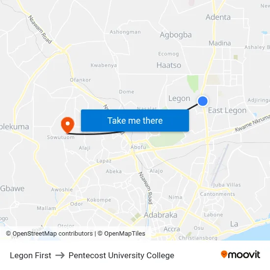 Legon First to Pentecost University College map