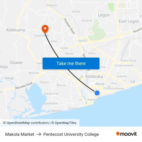 Makola Market to Pentecost University College map