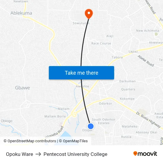 Opoku Ware to Pentecost University College map