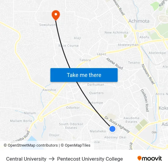 Central University to Pentecost University College map
