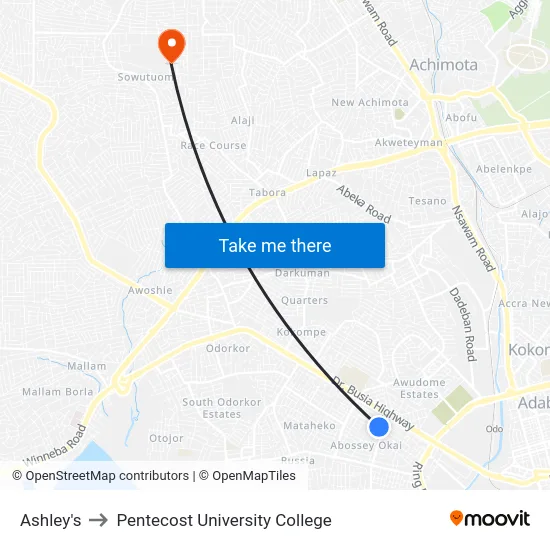 Ashley's to Pentecost University College map
