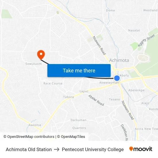 Achimota Old Station to Pentecost University College map