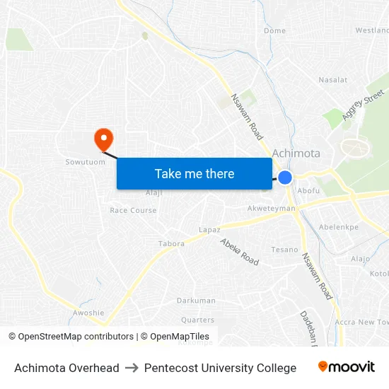 Achimota Overhead to Pentecost University College map